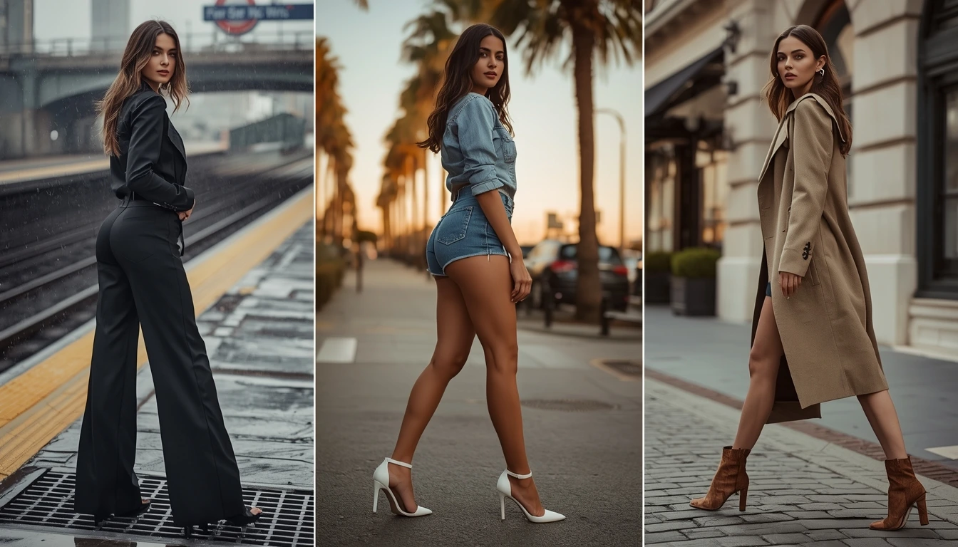 City street style collage: New York, Los Angeles, and London outfits featuring high stiletto accentuate booty heels for everyday wear