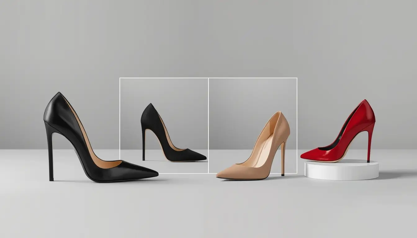 Comparison collage of different stiletto heel types that lift the booty: skinny stilettos, pointed stilettos, tall thin heels, and 5inch heels