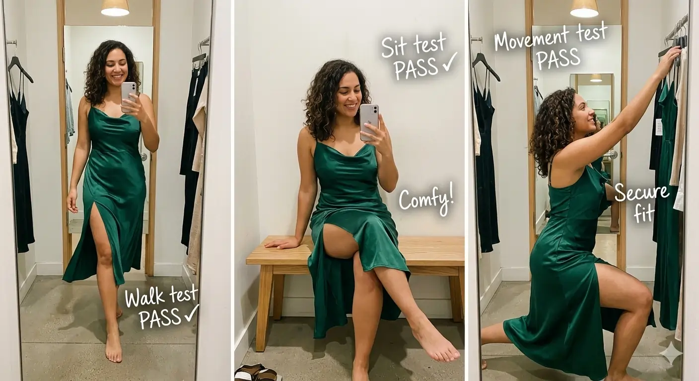 Before-after sequence woman testing high slit dress fit in dressing roomwalking, sitting, lunging poses showing perfect underwear coverage and no ride-up