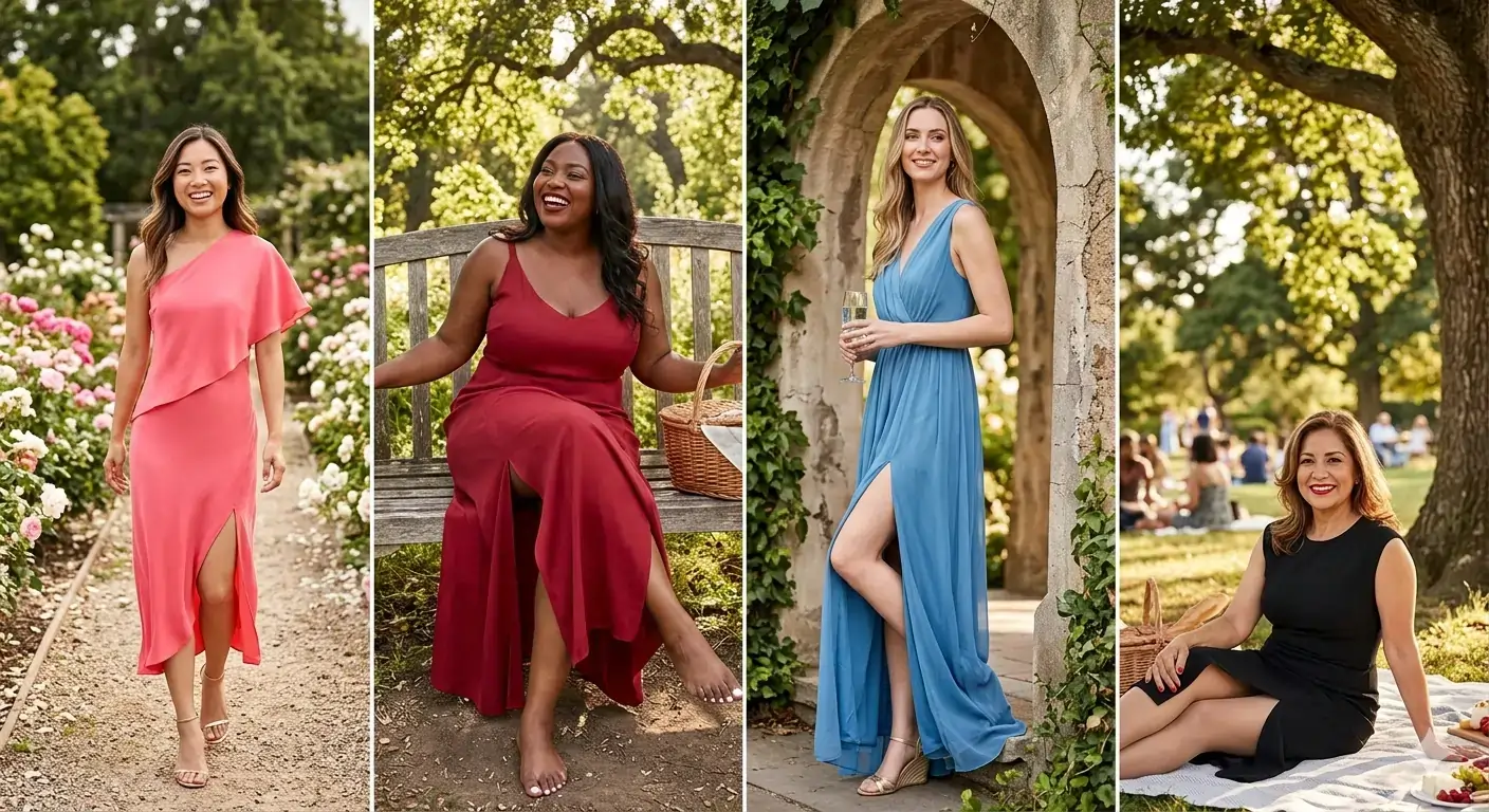 Four diverse women rocking high slit dresses for different body typespetite, curvy, tall, maturewith flattering underwear choices visible subtly