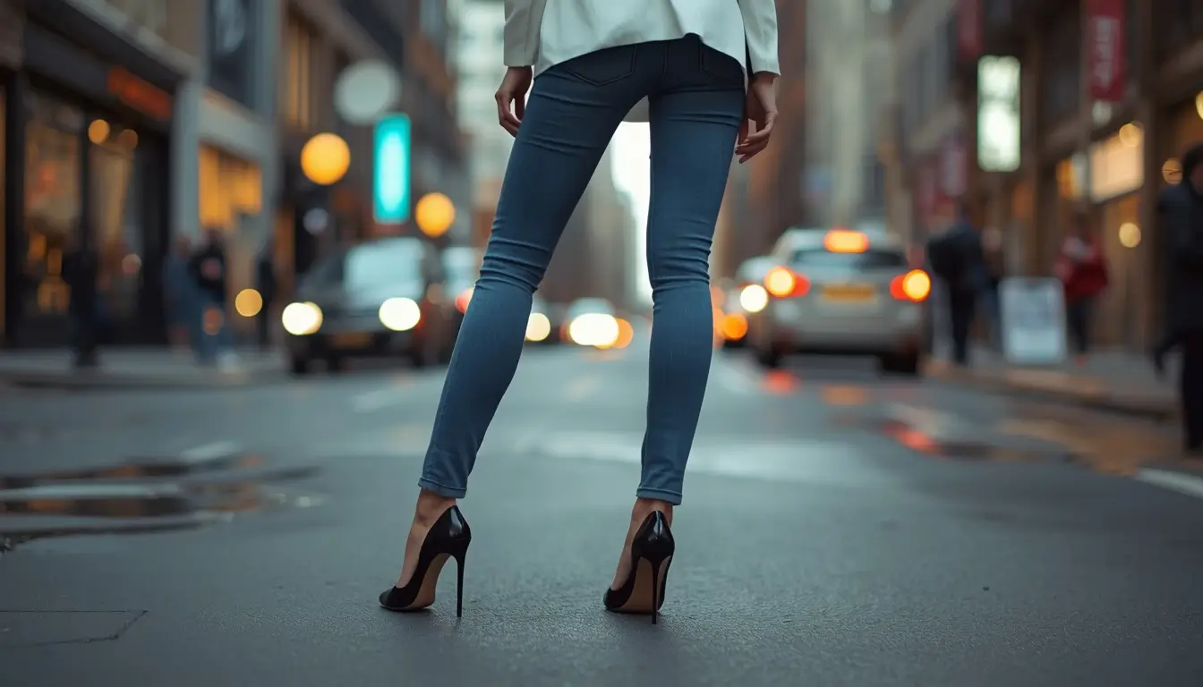 high stiletto accentuate booty heels posing on a city street, showing lifted glutes and confident posture in Western fashion, 2026 style
