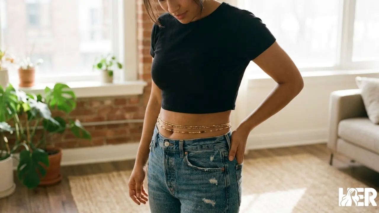 Gold waist beads styled casually with jeans and crop top