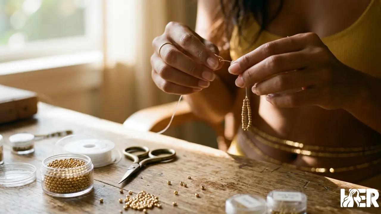 Hands making gold waist beads with elastic cord and beads