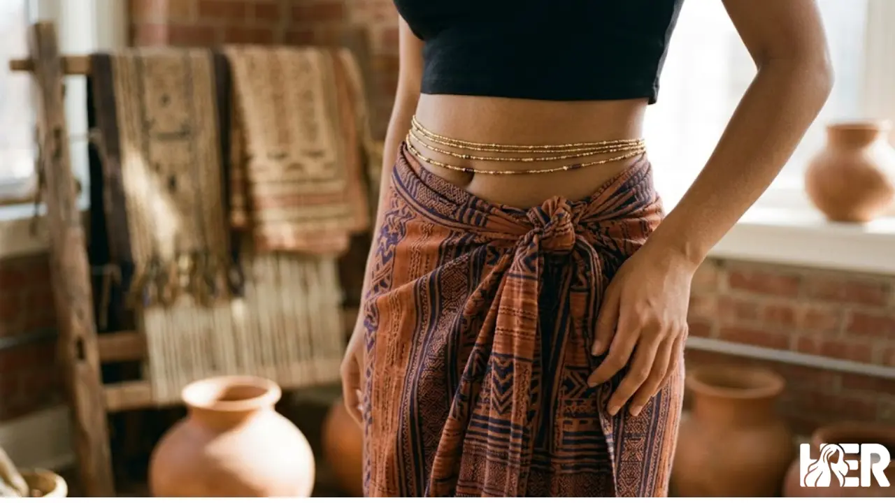 Woman wearing traditional gold waist beads in cultural setting