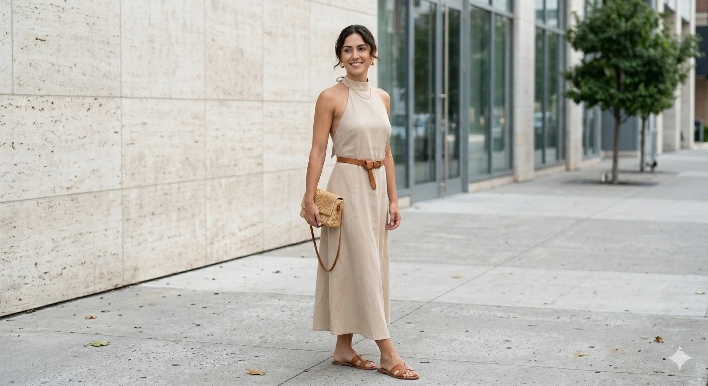 Outfit photo of a woman in a halter neck dress wearing simple gold hoops, sandals, and a small clutch, showing how to accessorize a halter dress.