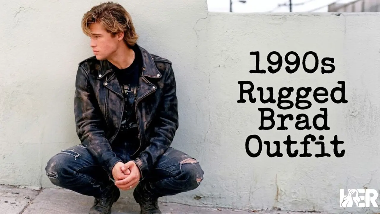 Brad Pitt in 90s leather jacket and dark jeans, rugged casual streetwear look