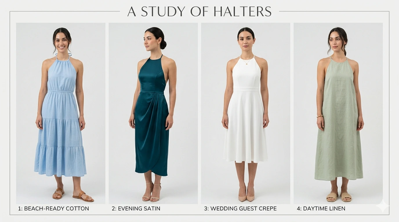 Collage of halter dress styles: blue halter dress, satin halter dress, halter white dress, and linen halter dress, showing different fabrics and occasions.