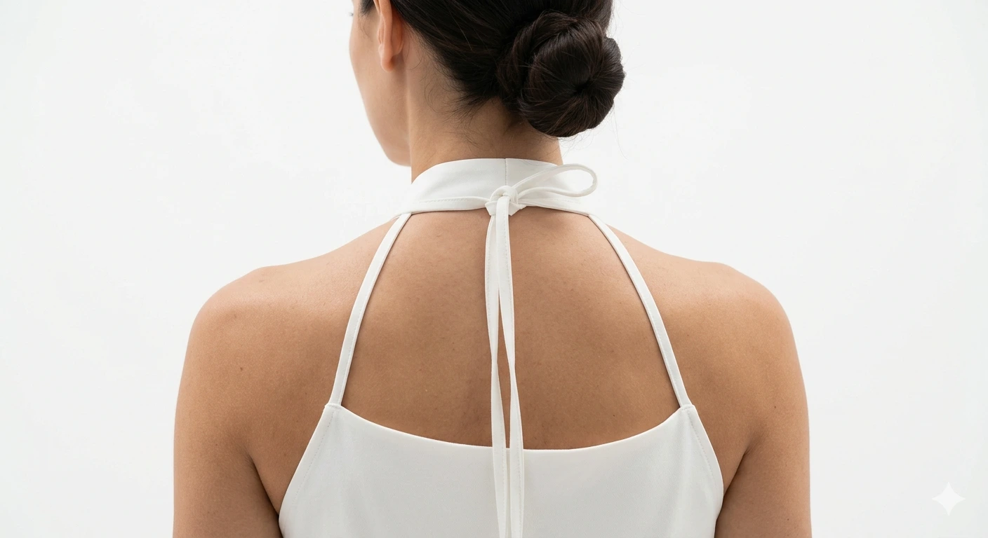 Closeup of a halter dress neckline, showing the strap wrapping around the neck and over the shoulders, with a model in a simple white halter dress.