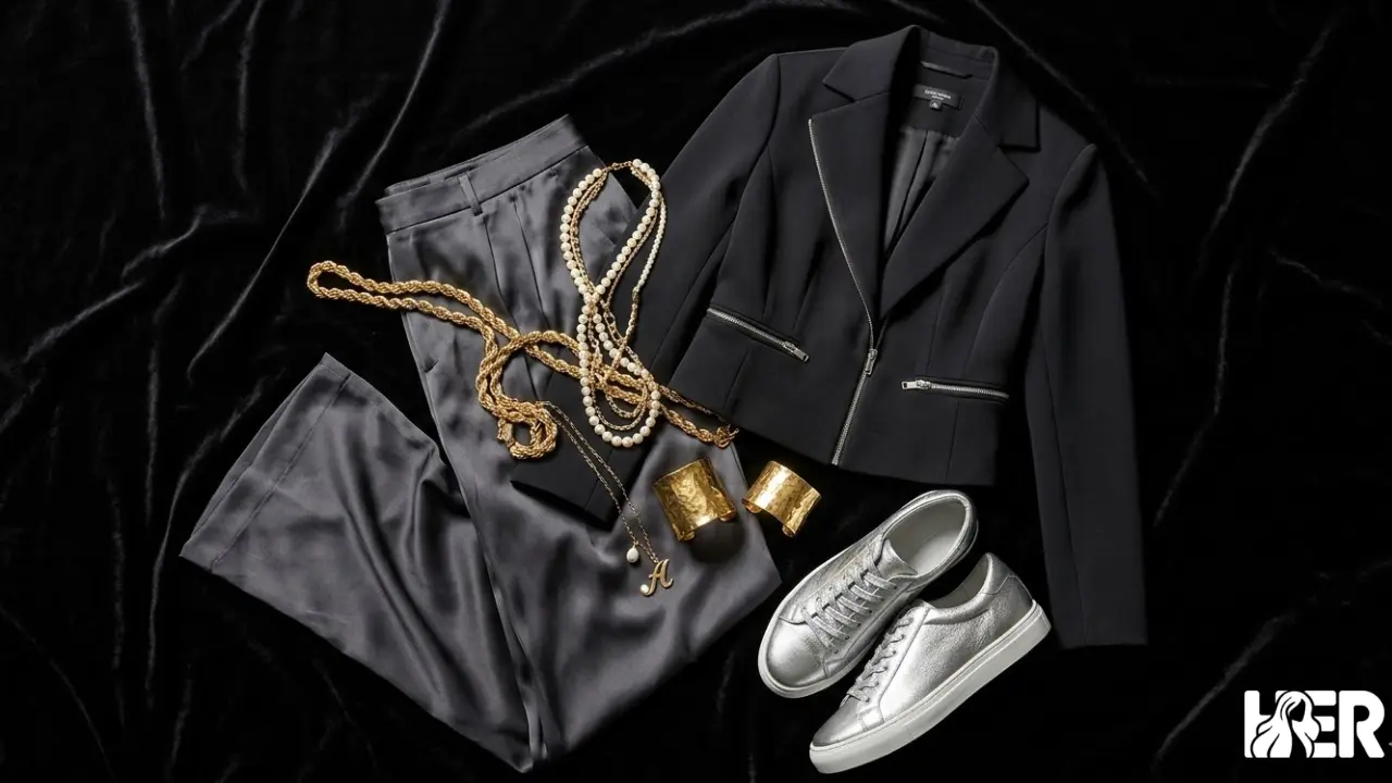flat lay of 2026 women's wardrobe essentials - blazer silk pants gold accessories