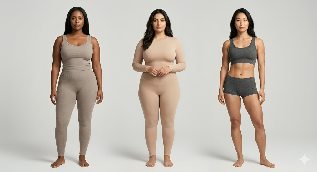 Bodytype fit guide for subtle loungewear no lines showing pear, apple, and athletic shapes each wearing seamless lounge sets with no visible lines