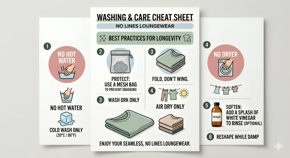 Highclass printable washing and care cheat sheet visual for subtle loungewear no lines showing cold wash, air dry, and no dryer instructions