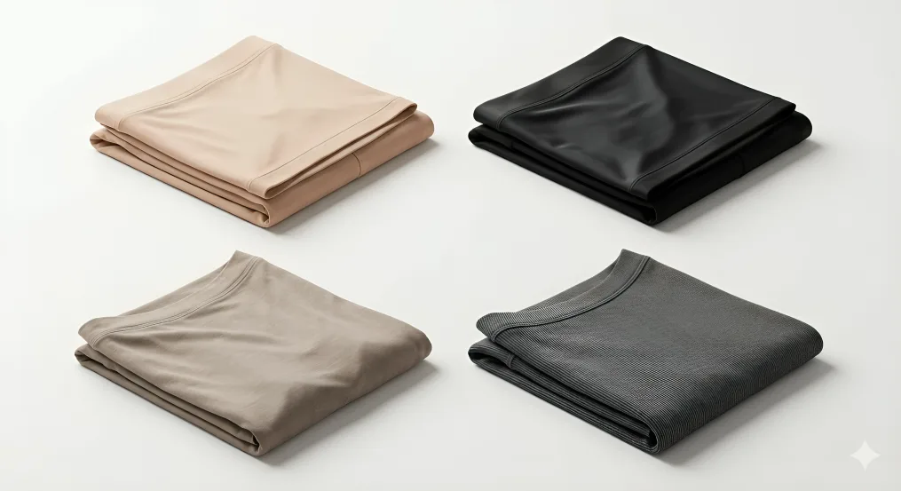 Highclass fabric comparison shot of subtle loungewear no lines sets in modal, nylonspandex, bamboo, and ribknit cotton for invisible line lounge sets