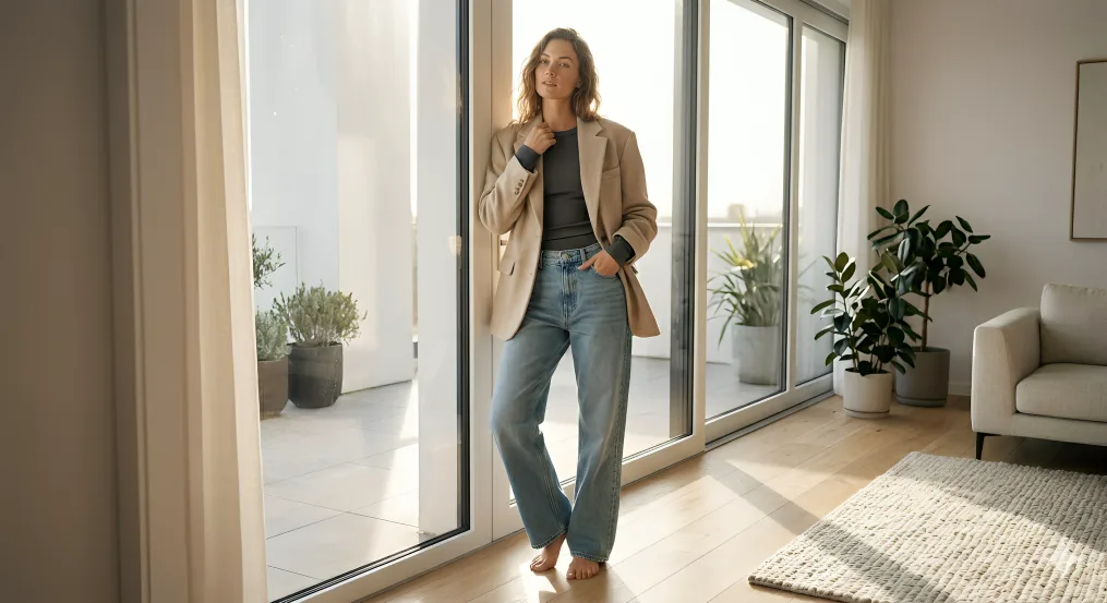 Relaxed chic lounge outfit with subtle loungewear no lines ribknit lounge set under wideleg jeans and blazer for a highclass WFH look