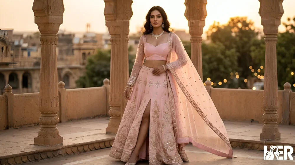 Woman wearing crop top with side slit lehenga, posing elegantly for sangeet