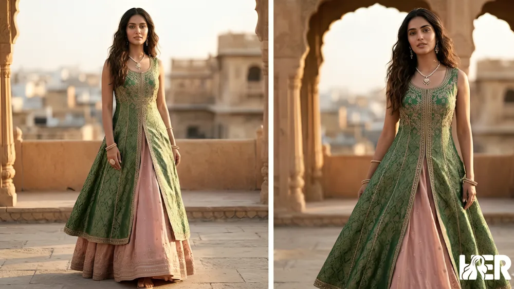Woman wearing front slit kurti layered over lehenga, modern Indo-Pak bridal fusion look