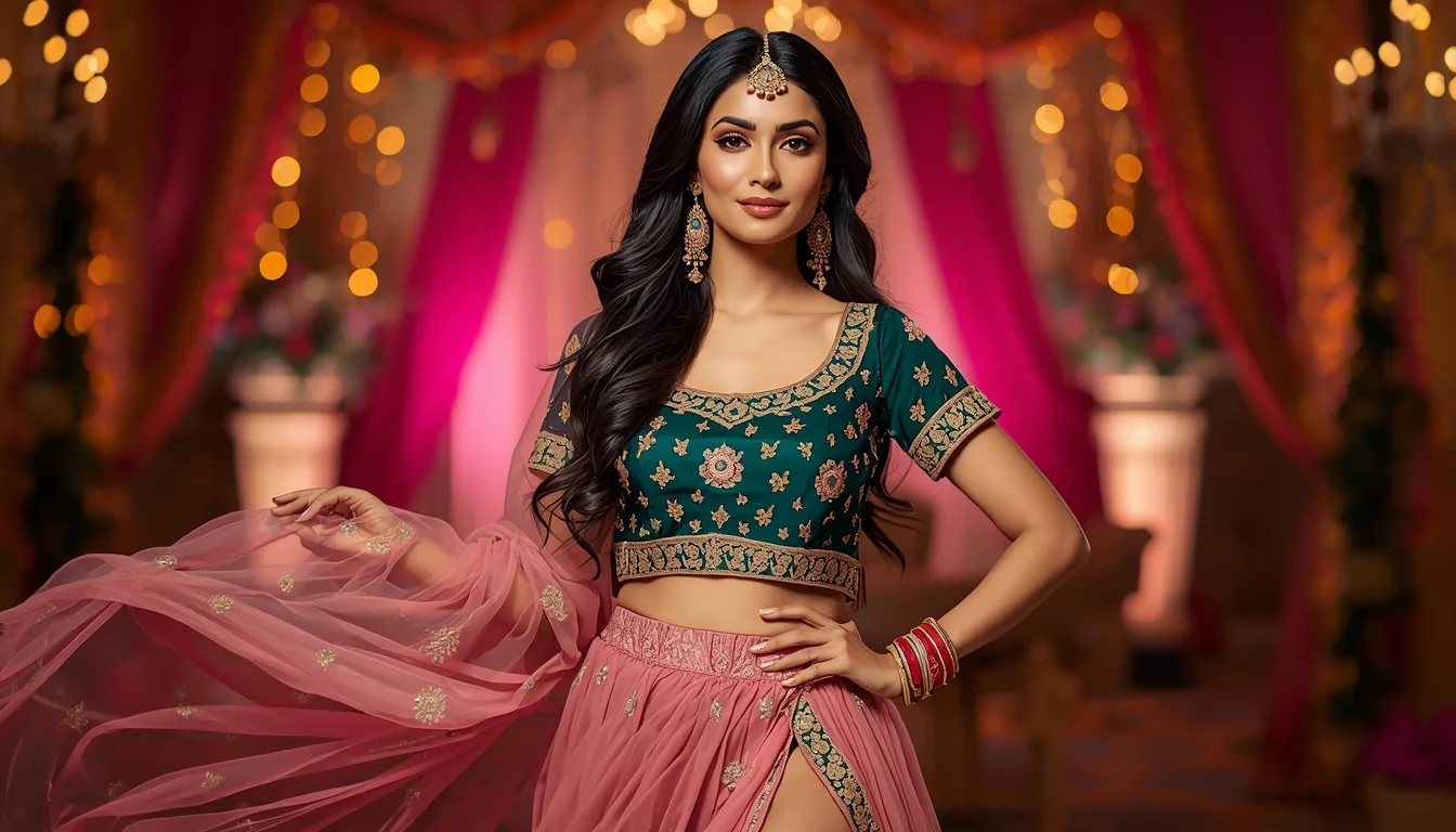 Full-body shot of woman wearing pink and green slit lehenga on heritage terrace, standing elegantly