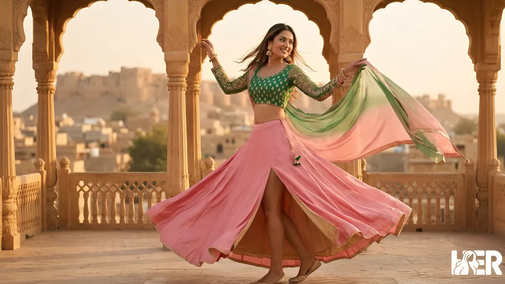 Woman twirling in pink and green slit lehenga showing graceful slit movement