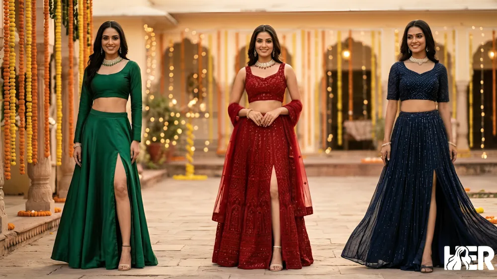 Comparison of side slit, front slit, and back slit lehenga styles on models