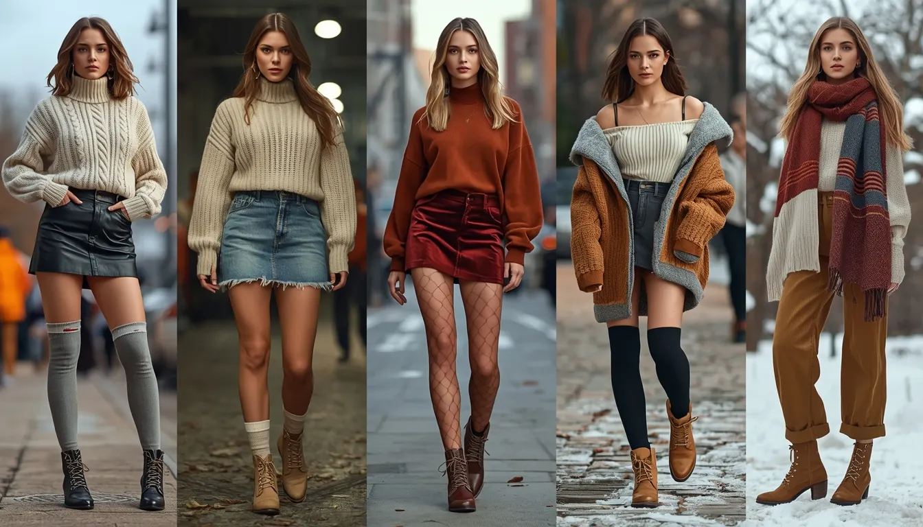 Ultra-realistic collage of off-shoulder sweater thigh-high socks outfit blueprints