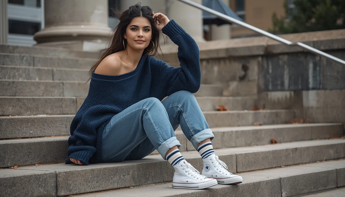 Ultra-realistic casual off-shoulder sweater college look on campus steps