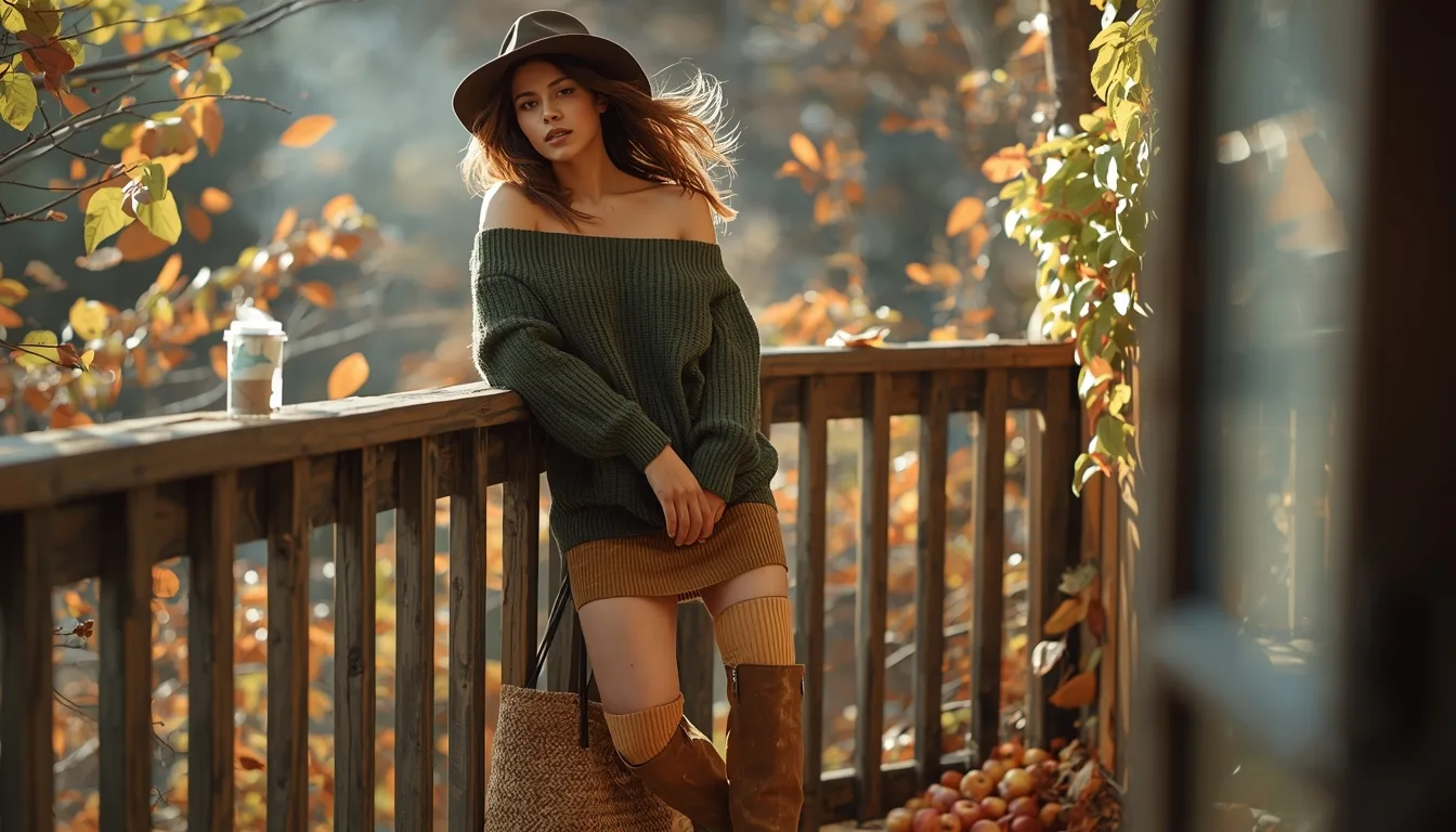 Ultra-realistic thigh-high socks outfit with oversized off-shoulder sweater fall balcony vibe