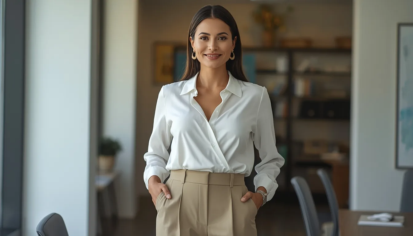 High-waisted trousers paired with v-neck top on woman with fuller bust, balanced office outfit