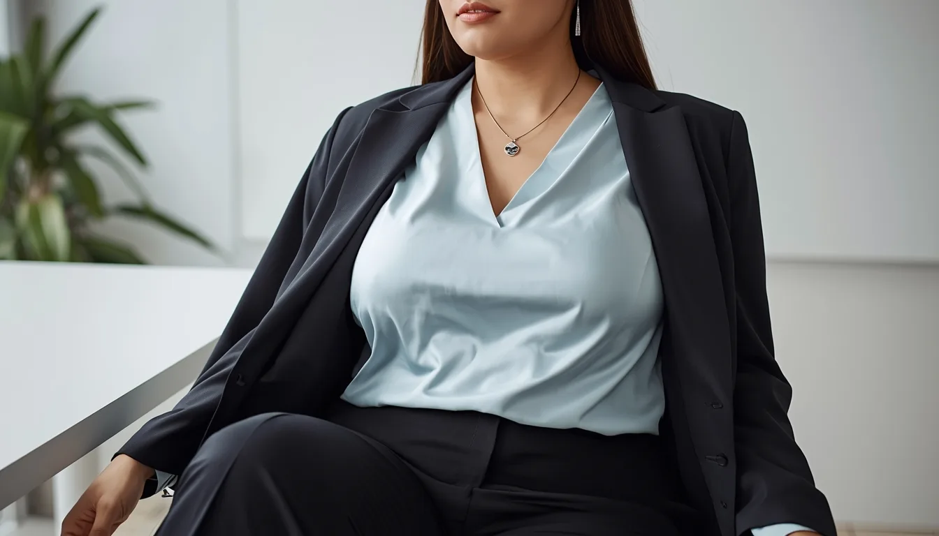 Moderate v-neck office top for big bust paired with blazer and tailored pants, polished work outfit