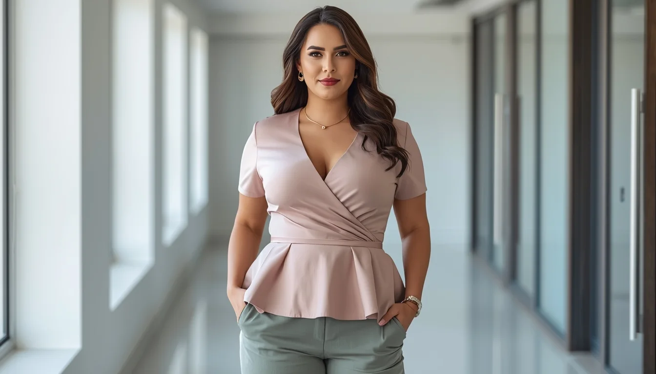 Elegant wrap or peplum v-neck top for big bust, office-friendly and flattering fit
