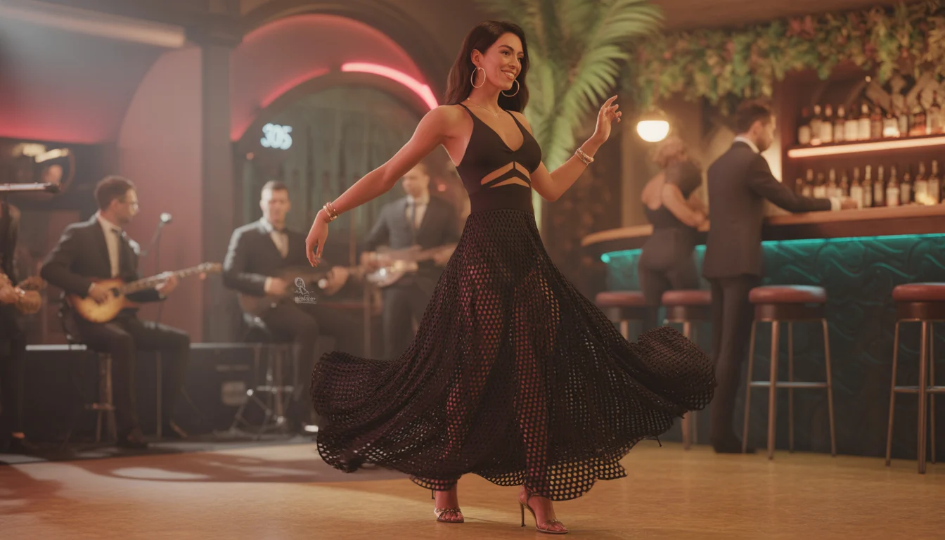 Sheer black mesh cutout maxi club outfit at Ball & Chain Miami, 305 Cubannight Havanastyle vibe.