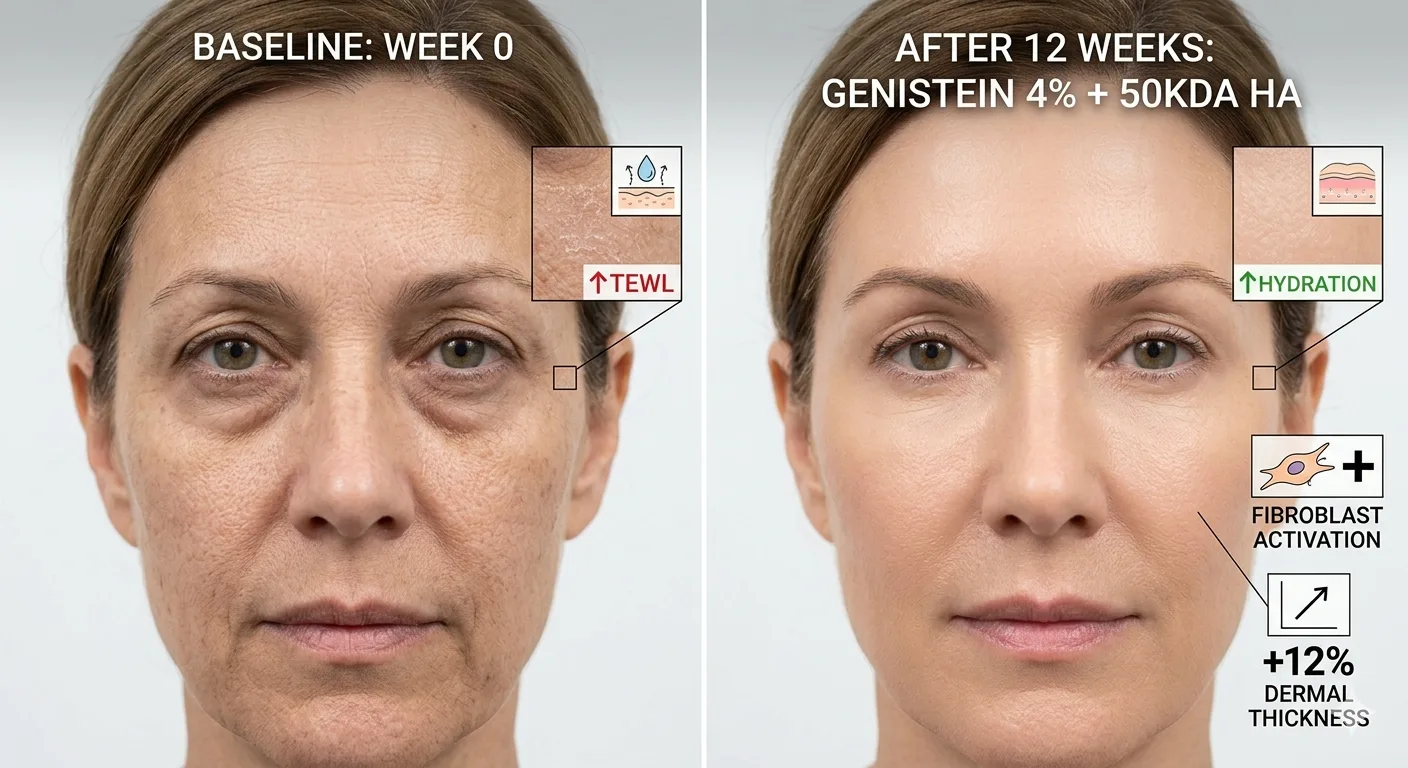 Before/after genistein 4% cream + HA protocol12% dermal thickness gain menopause skin