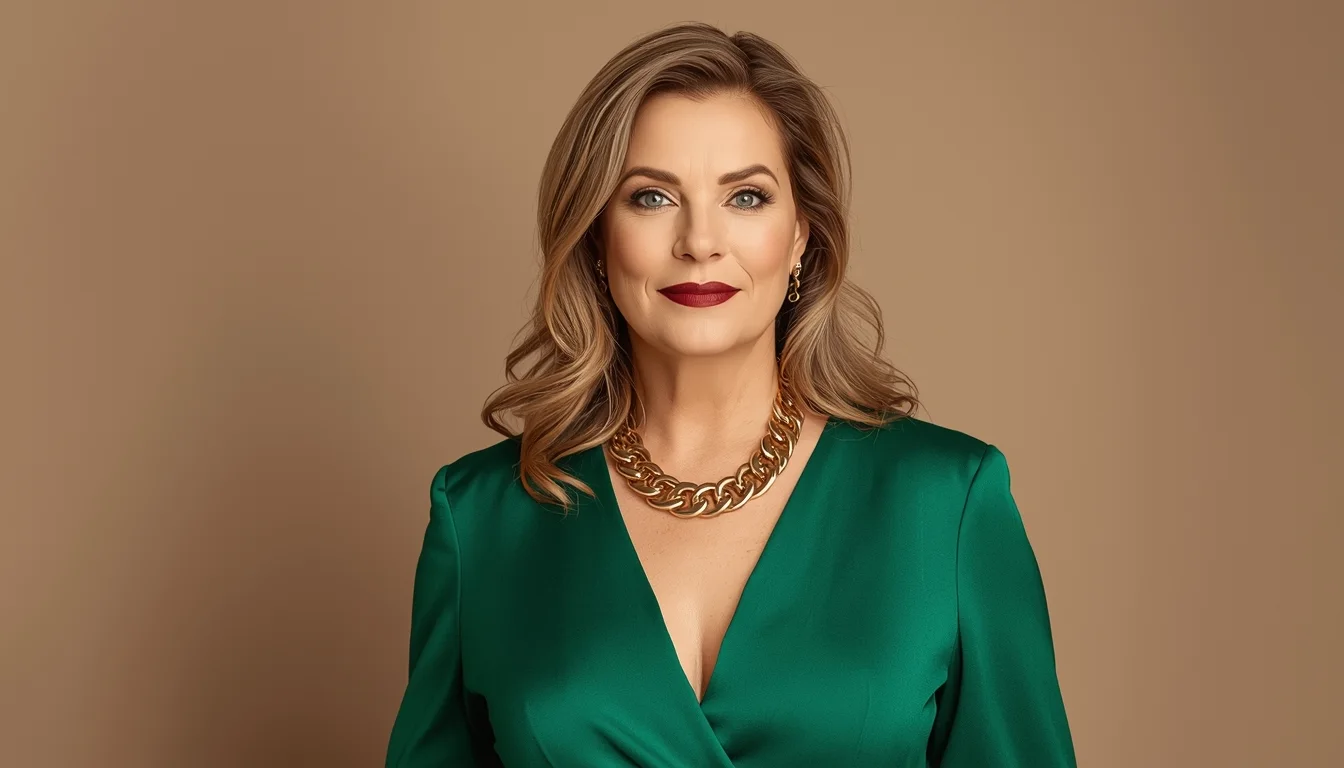 Emerald A-line + crimson lip styling system flatters menopausal android fat shift perfectly