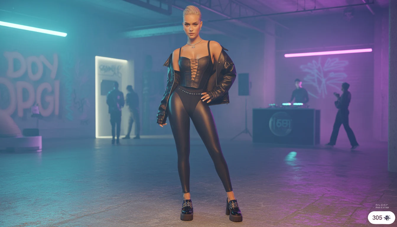 Black laceup strappy corset top and fauxleather leggings warehouse club outfit at Twisted Miami, 305 underground club style.