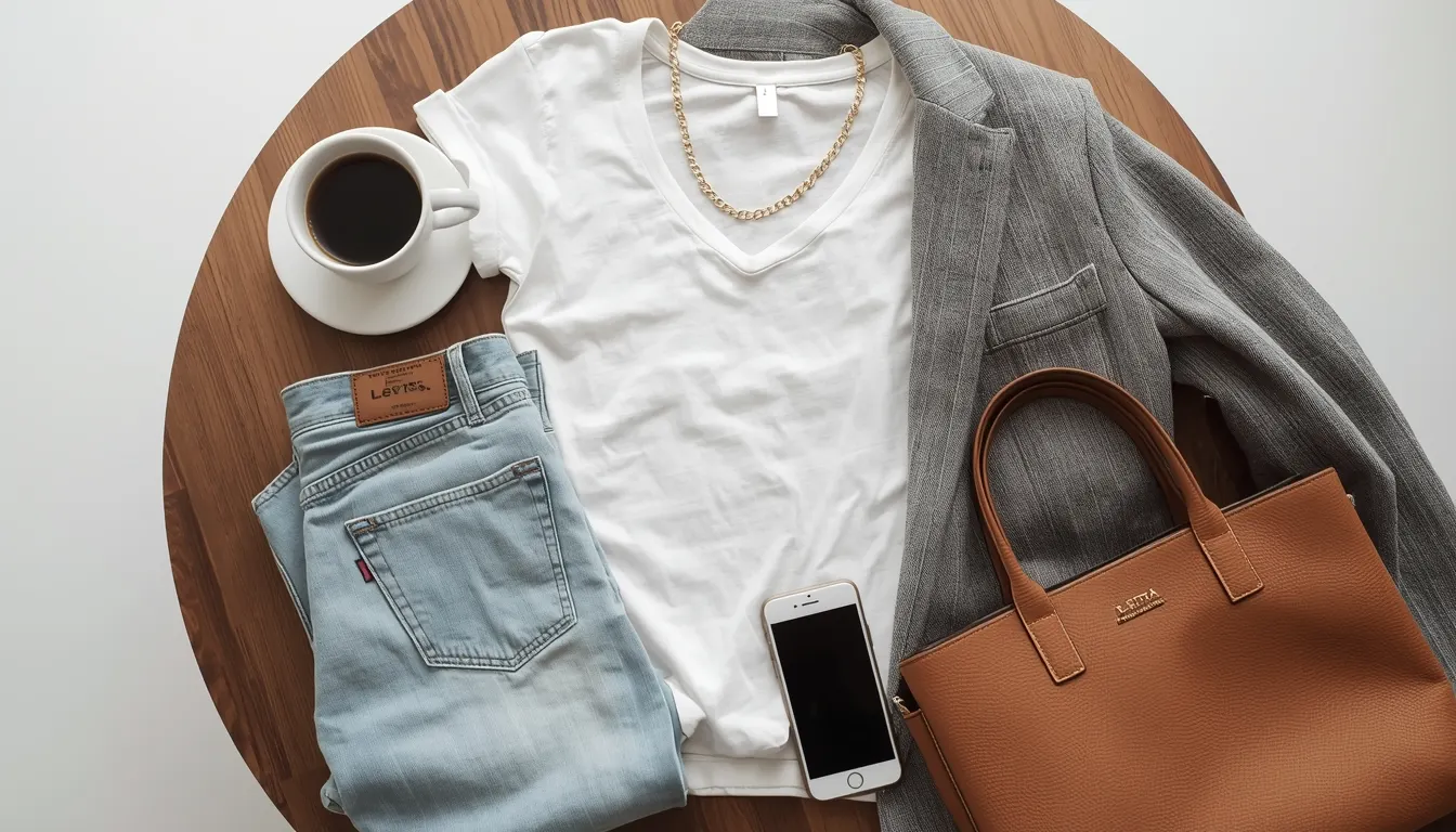 Casual chic 10-piece closet flat lay with white scoop neck tee and gold chains