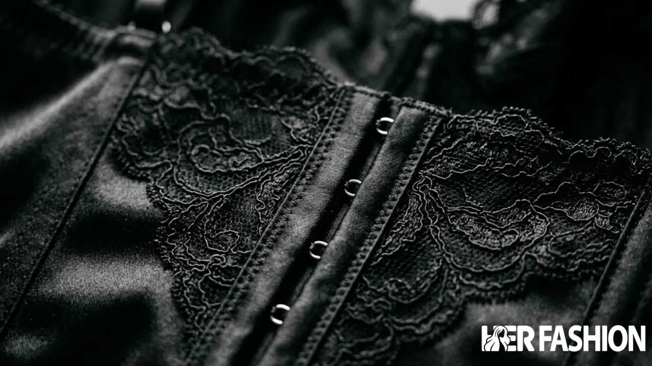 Close-up of boudoir garment construction featuring Chantilly lace and visible boning channels.