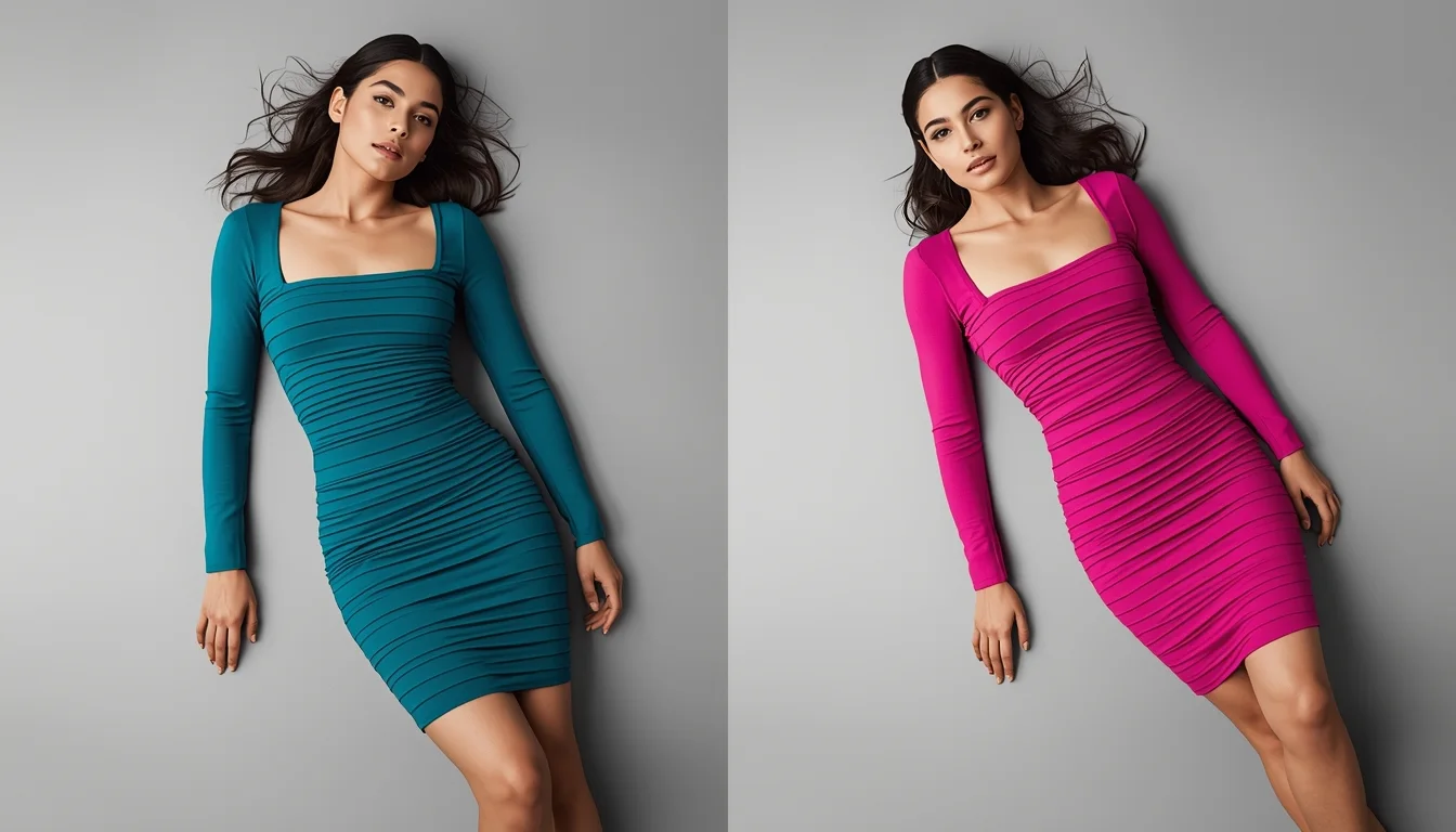 2026 sculpting bandage dresses in Transformative Teal and Electric Fuchsia on a lightgray studio surface, showing Hervinspired banding.