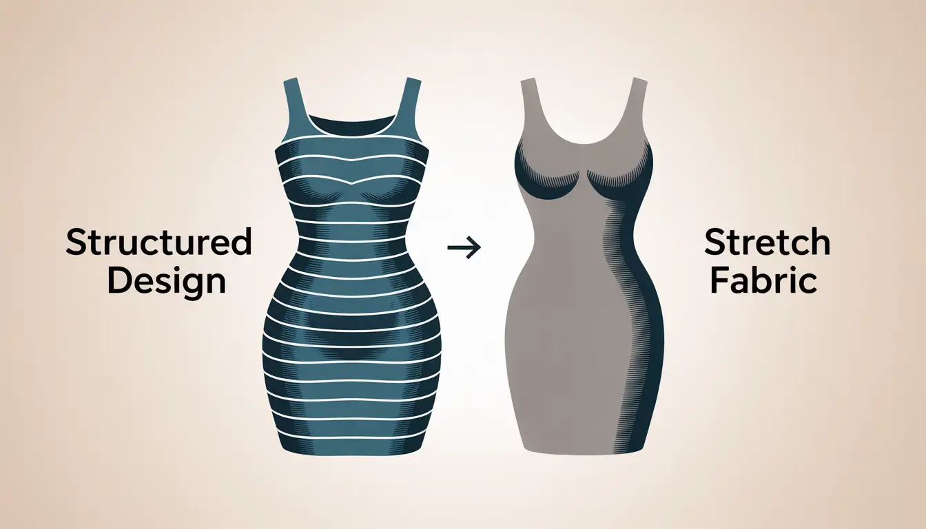 Visual comparison of sculpting bandage dress and standard bodycon, showing 2025 kPa 360degree compression vs 812 kPa 2way stretch.