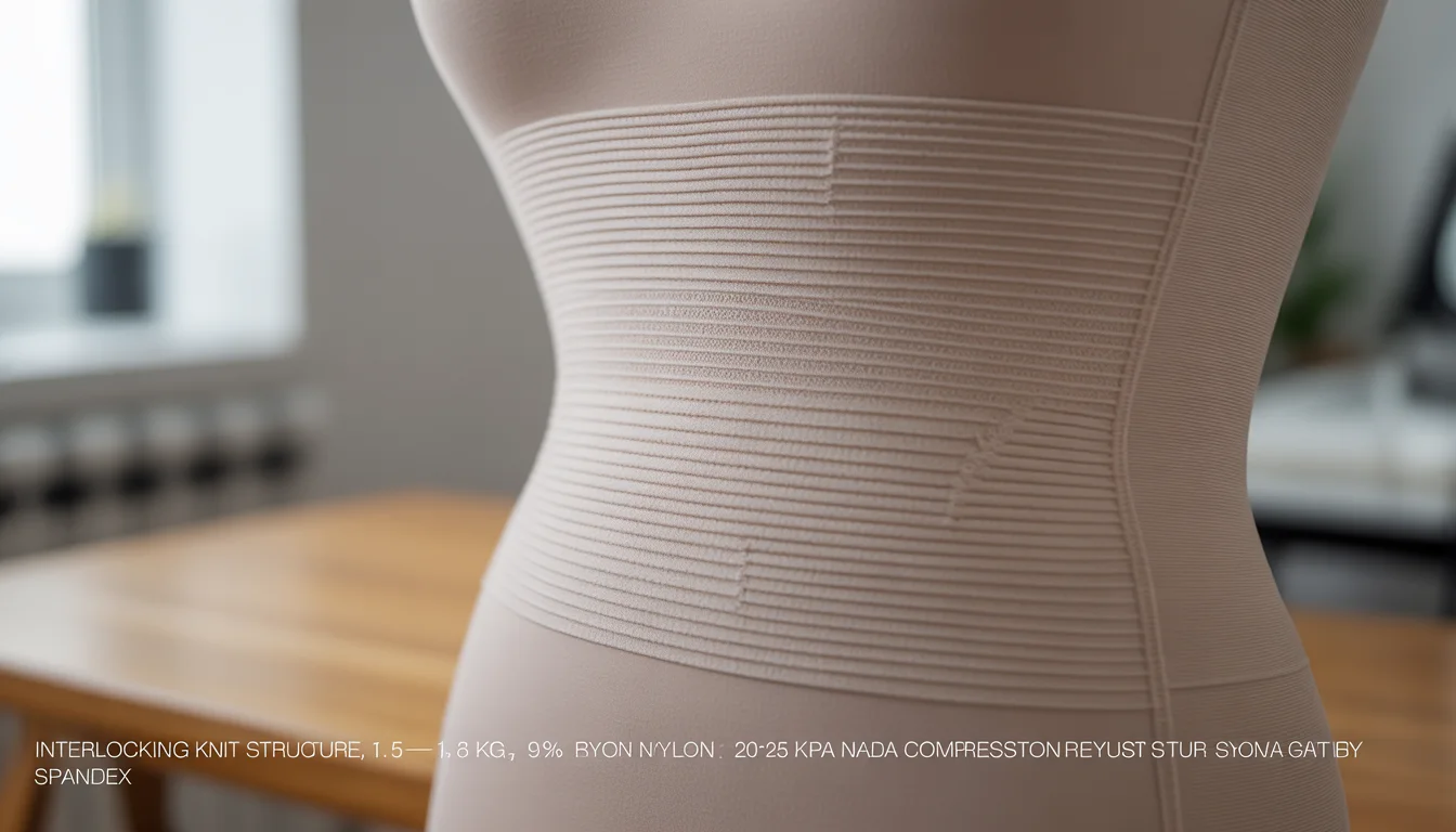 Closeup of interlocking knit bands on a premium rayon bandage dress, showing 2.5 cmwide horizontal compression structure.